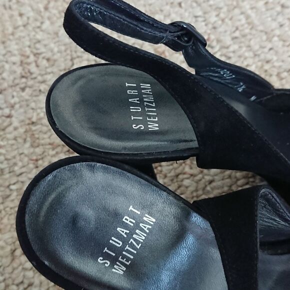 Stuart Weitzman Suede Peep Toe Pleated Slingback Pumps black size 7.5N / 7 - Picture 4 of 9